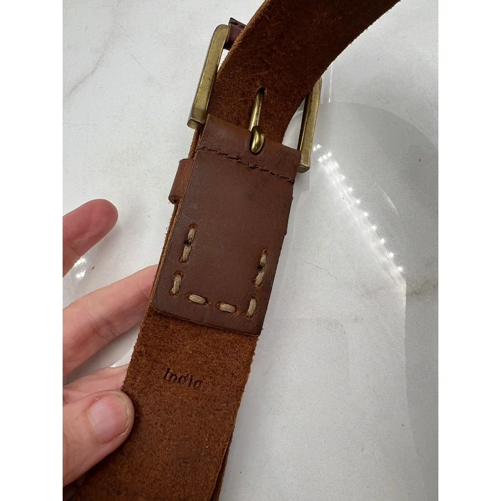 Timberland Mens Brown Genuine Leather Belt Brass Buckle Whipstitch Size 36